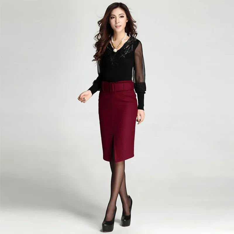 Woll-Bleistiftrock mit Gürtel – Eleganter High-Waist Mid-Length Rock in großen Größen
